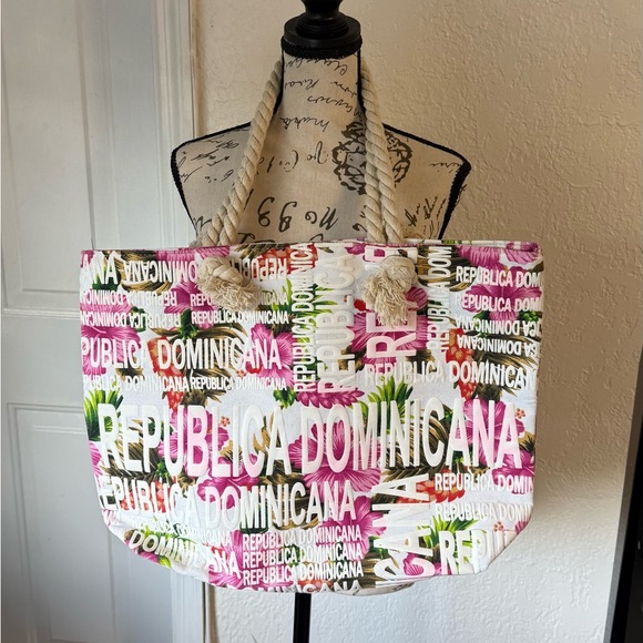 Large Republica Dominicana BeachTote Bag Tropical Floral Print with Rope Handles - Picture 3 of 7